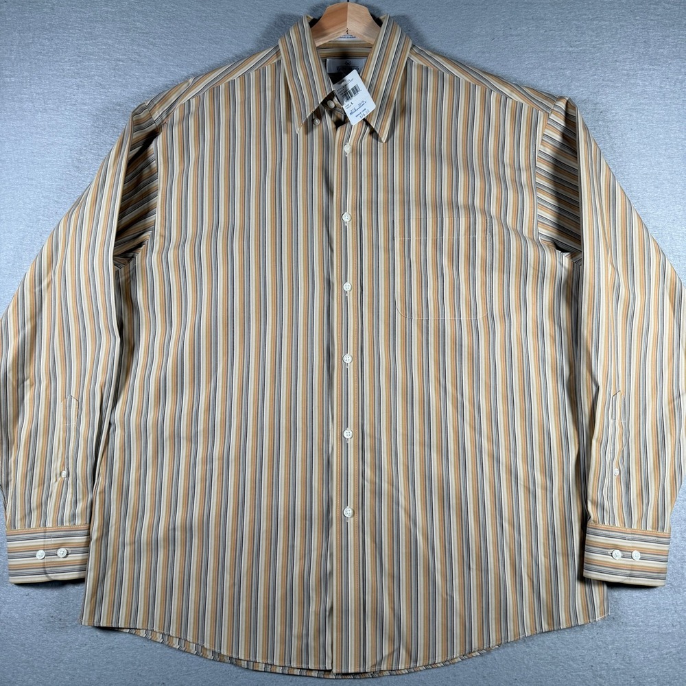 Enro Mens Non-Iron‎ Poplin Striped Button Down Shirt Sand Orange Blue Large New